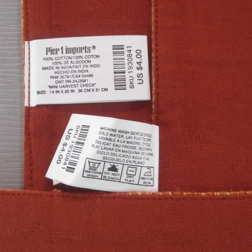 PIER 1 IMPORTS SET OF 4 MINI HARVEST CHECK COTTON WOVEN FABRIC LINED PLACE MATS